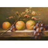 A pair of 20th Century oil on panel, Still life paintings of mixed fruit on a table edge, signed