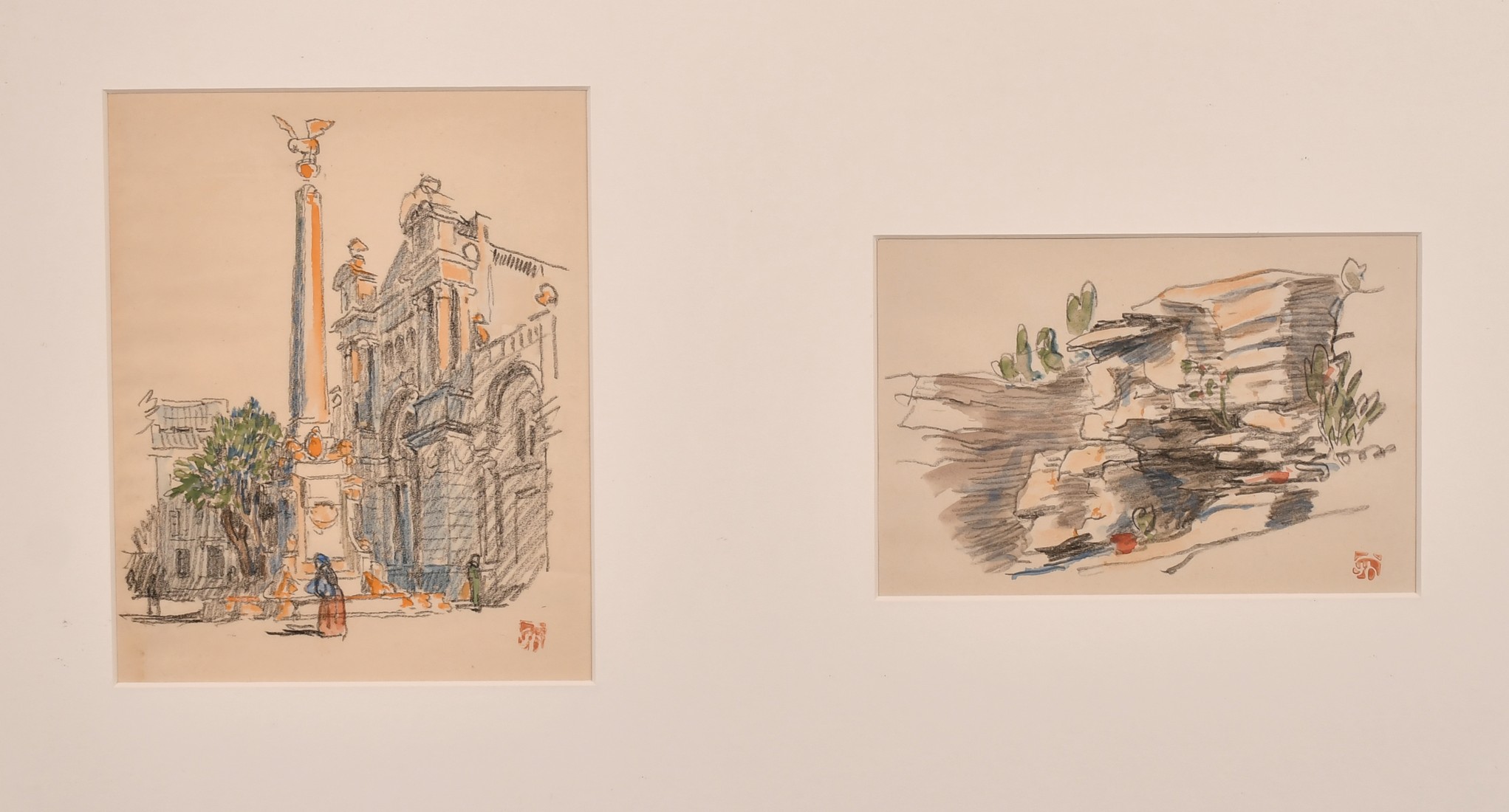 Early 20th Century, A set of four sketches of various scenes, all signed with an ink stamp, framed