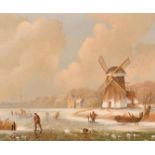 Ray Campbell, Figures skating on a frozen waterway with a windmill beyond, oil on canvas, signed,