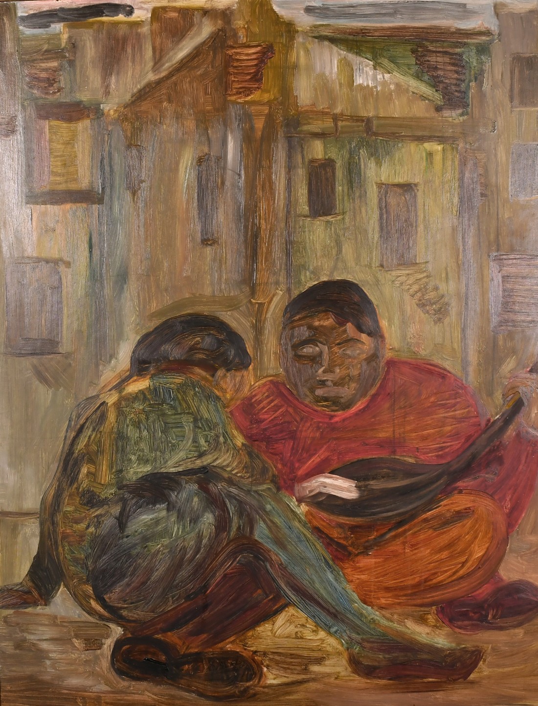20th Century School, Seated figures in a street on playing a musical instrument, oil on board, 35.5"