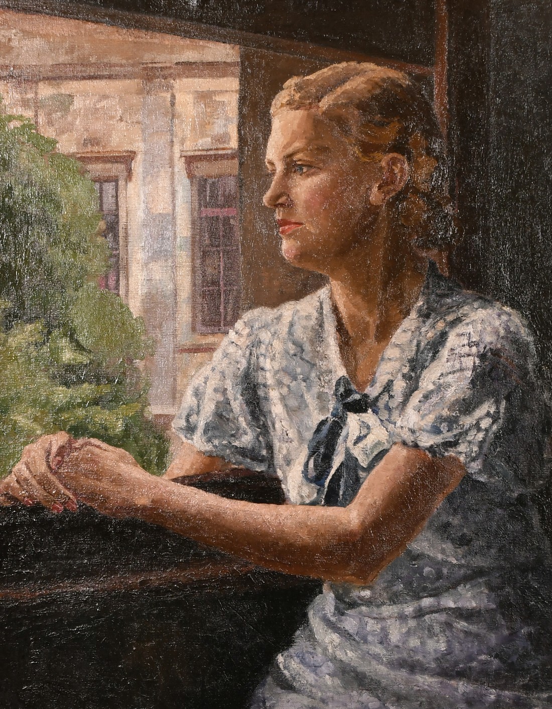 Early 20th Century School, A half-length portrait of a lady with a classical building beyond, oil on