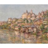 Early 20th Century French School, A French town on the banks of a river, oil on canvas, 15" x 18".