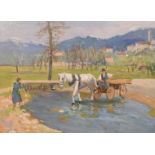 Violet Dunn-Gardner (19th/20th Century), A continental view of a horse and cart crossing a stream,