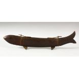 AN INDIAN LARGE KNIFE AND FOLK, contained within a carved wood fish scabbard, overall 41cm long.