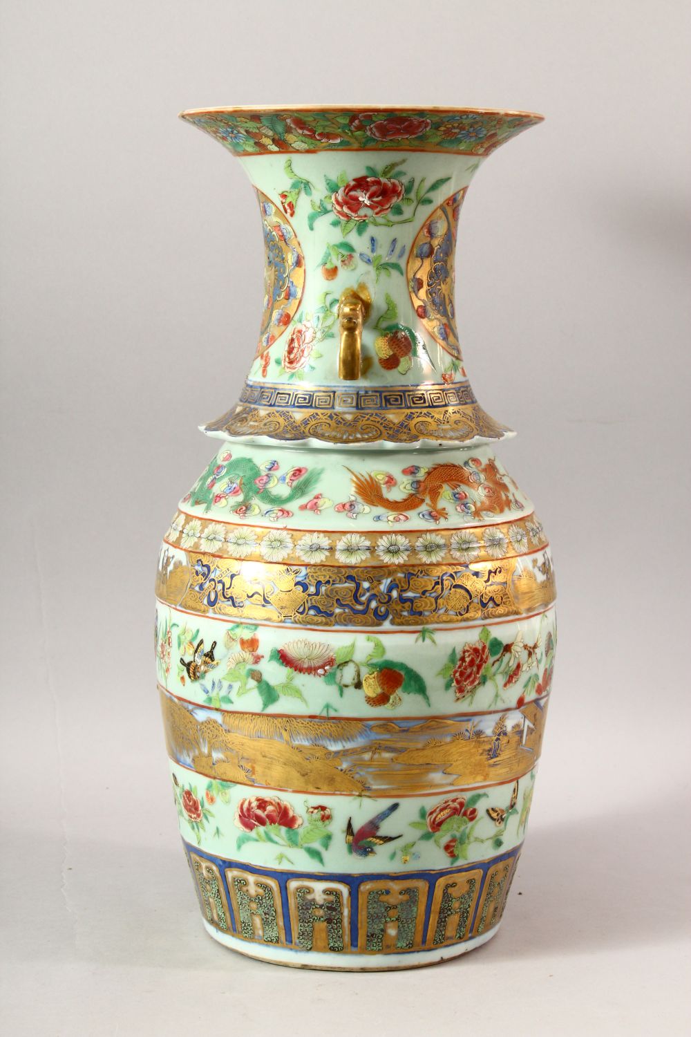 A LARGE CHINESE TWIN HANDLE CELADON GROUND ENAMELLED VASE AND STAND, the body painted with various - Image 2 of 8