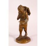 A SMALL JAPANESE/ORIENTAL BRONZE FIGURE OF A TRAVELLING MAN, 14cm high.