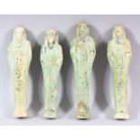 A LOT OF FOUR ANCIENT EGYPTIAN POTTERY USHABTI FIGURES - Each with a turquoise glaze and Egyptian