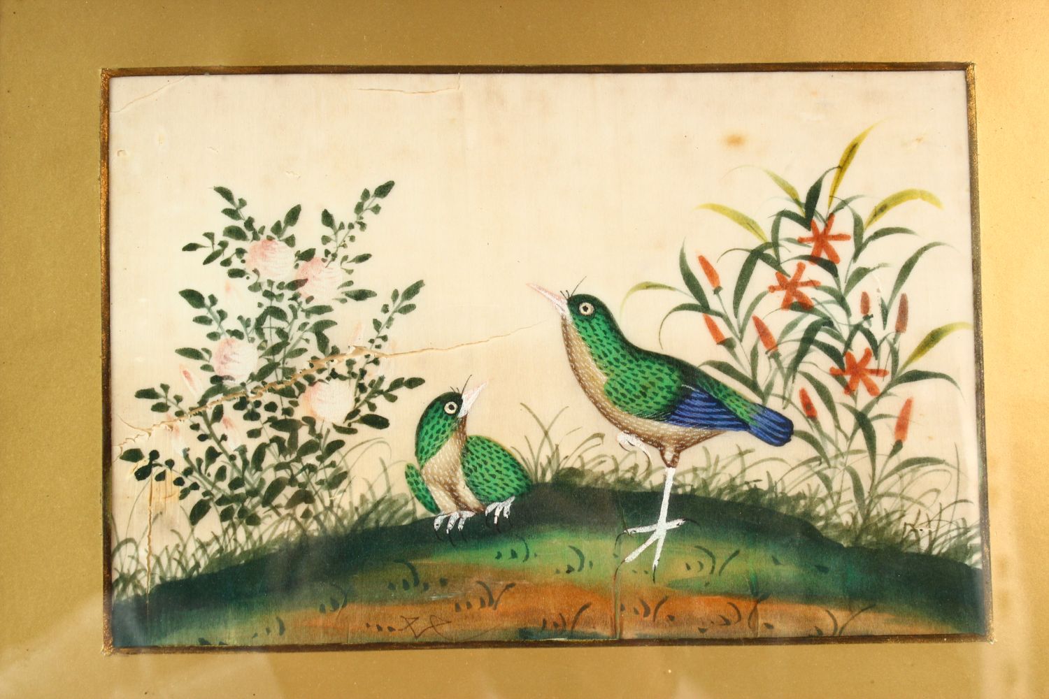 THREE CHINESE PAINTINGS ON RICE PAPER, one depicting butterflies, another depicting birds and native - Image 4 of 5