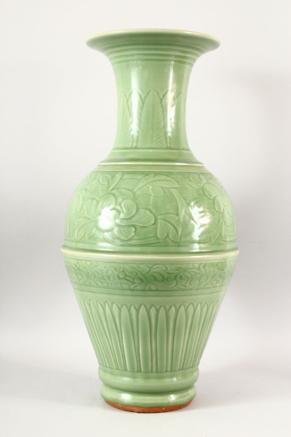 A VERY GOOD LARGE CHINESE CELADON VASE, with panels of flowers and fluted base, 64cm high. - Image 2 of 6