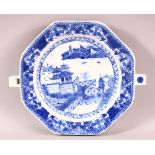 A CHINESE EXPOST BLUE & WHITE PORCELAIN WARMING PLATE - decorated with scenes of native