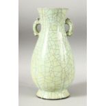 A CHINESE CELADON CRACKLE GLAZE TWIN HANDLE VASE, 28.5cm high.