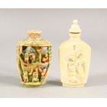 TWO CHINESE CARVED IVORY SNUFF BOTTLES, one painted, the other with signature, 7.5cm and 6cm (2).