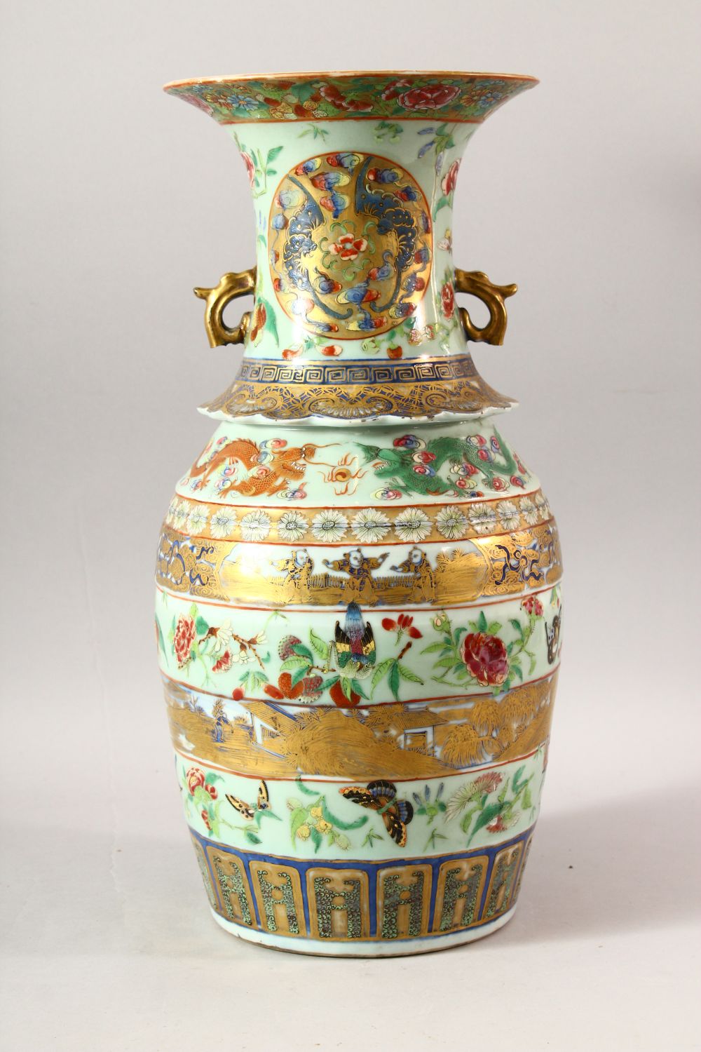 A LARGE CHINESE TWIN HANDLE CELADON GROUND ENAMELLED VASE AND STAND, the body painted with various - Image 3 of 8