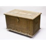 A SUPERB 19TH CENTURY OR EARLIER BRASS OVERLAID CAMPHOR WOOD CEREMONIAL TRUNK, 60cm high, 98cm wide,