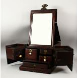 A LARGE CHINESE POSSIBLY ZITAN WOOD COSMETIC BOX, comprising a hinged rising mirror, six drawers and