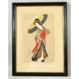 A JAPANESE WOODBLOCK PRINT depicting standing female figure holding a parasol, image 30cm x 20cm.