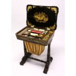 A CHINESE EXPORT BLACK LACQUER AND GILT DECORATED SEWING TABLE, with hinged lid opening to reveal