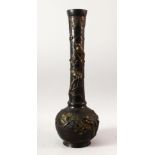 A TALL JAPANESE BRONZE VASE, the neck and body with relief decoration of birds on branches with