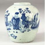 A CHINESE BLUE AND WHITE GINGER JAR, decorated with a sage and other figures in a landscape setting,