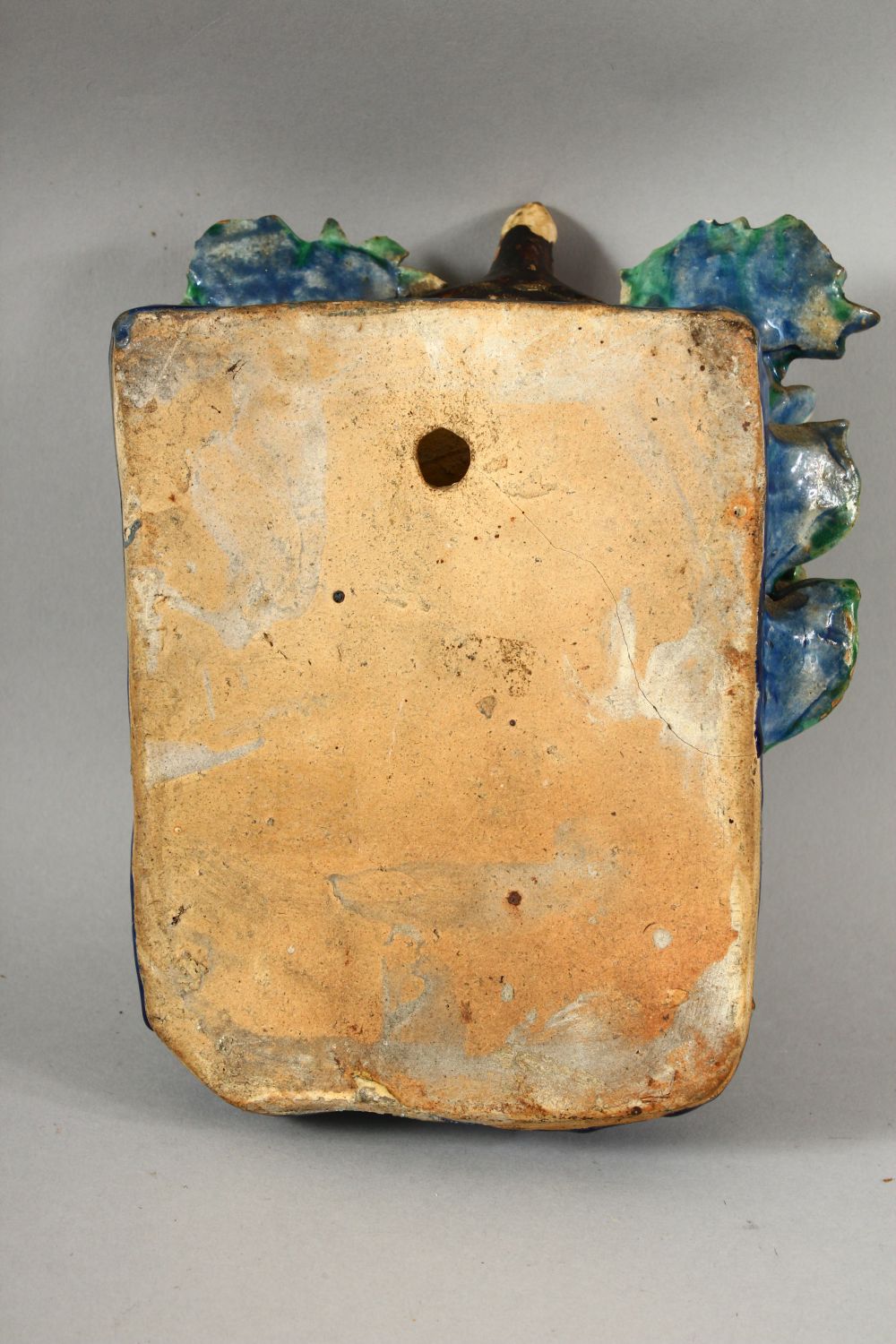 TWO CHINESE POLYCHROME POTTERY WALL POCKETS, carved with a shrine and flora with ducks / birds, 20cm - Image 5 of 7