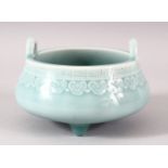 A GOOD SMALL CHINESE TURQUOISE GLAZED PORCELAIN CENSER, with twin handles and supported on three