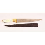 A GOOD INDIAN WATERED STEEL CARVED IVORY DAGGER & SHEATH - the handle formed from ivory with metal
