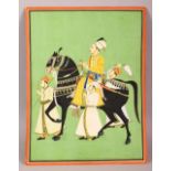 A FINE LARGE 19TH/20TH CENTURY INDIAN MINIATURE PAINTING depicting a ruler on horseback with