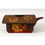 A JAPANESE GILT AND LACQUER SQUARE FORM TEAPOT, the vessel decorated with fine gilt work roundels of