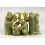 A CHINESE CARVED JADITE GROUP OF THREE MUSICIANS, 12.5cm wide.