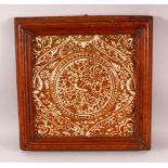 A LARGE 16TH CENTURY HISPANO - MORESQUE COPPER LUSTRE POTTERY TILE SECTION - the framed large tile