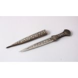 A 19TH CENTURY OTTOMAN SMALL SILVER INLAID STEEL CHILDS DAGGER, 15cm.