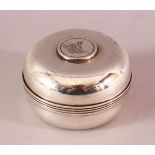 A WHITE METAL INSET CALLIGRAPHIC COIN CYLINDRICAL BOX AND COVER, the top with in inlaid coin with