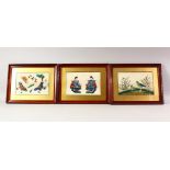 THREE CHINESE PAINTINGS ON RICE PAPER, one depicting butterflies, another depicting birds and native