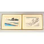 A PAIR OF JAPANESE WOODBLOCK PRINTS - one depicting a snowy mountain scene with figures, the other a