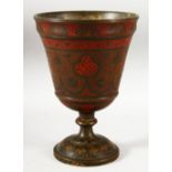 A LARGE 19TH CENTURY INDIAN / KASHMIR BRONZE TEMPLE CUP, with chased decoration and areas painted or