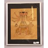 A 19TH CENTURY INDIAN PAINTING ON PAPER OF KALI sat upon a tiger, framed and glazed, 31cm x 25.5cm