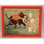 A FINE 19TH CENTURY LARGE INDIAN MINIATURE PAINTING OF MEN FIGHTING AN ELEPHANT, unframed, 33.5cm