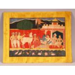 A GOOD INDIAN MINIATURE PAINTING, depicting a courtyard scene with figures and a cow, unframed, 28cm