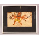 A 19TH CENTURY INDIAN PAINTING ON PAPER OF KALI, framed and glazed, 31cm x 25.5cm overall.