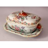 AN 18TH CENTURY CHINESE FAMILLE ROSE PORCELAIN TUREEN, COVER & STAND - the smaller tureen
