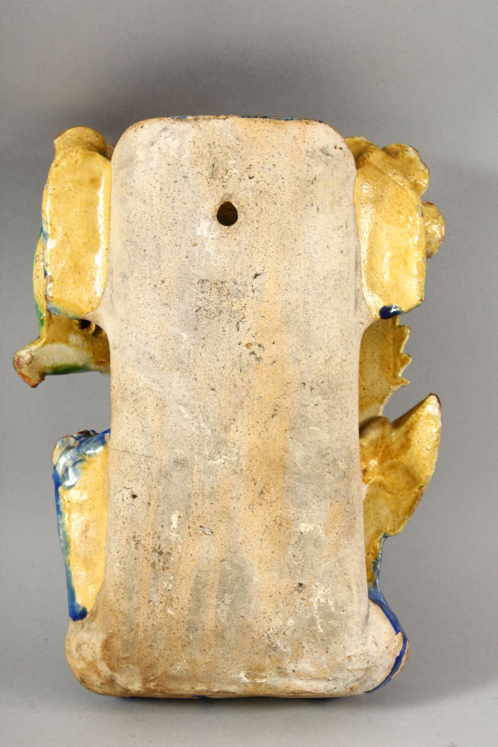 TWO CHINESE POLYCHROME POTTERY WALL POCKETS, carved with a shrine and flora with ducks / birds, 20cm - Image 3 of 7