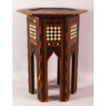 A SMALL MOORISH INLAID HEXAGONAL TOP TABLE - the table inlaid with mother of pearl ( with losses )