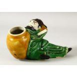 A CHINESE FAMILLE VERTE FIGURE OF POET LI BAI, the drunken figure leaning on a wine jar, 14cm long.