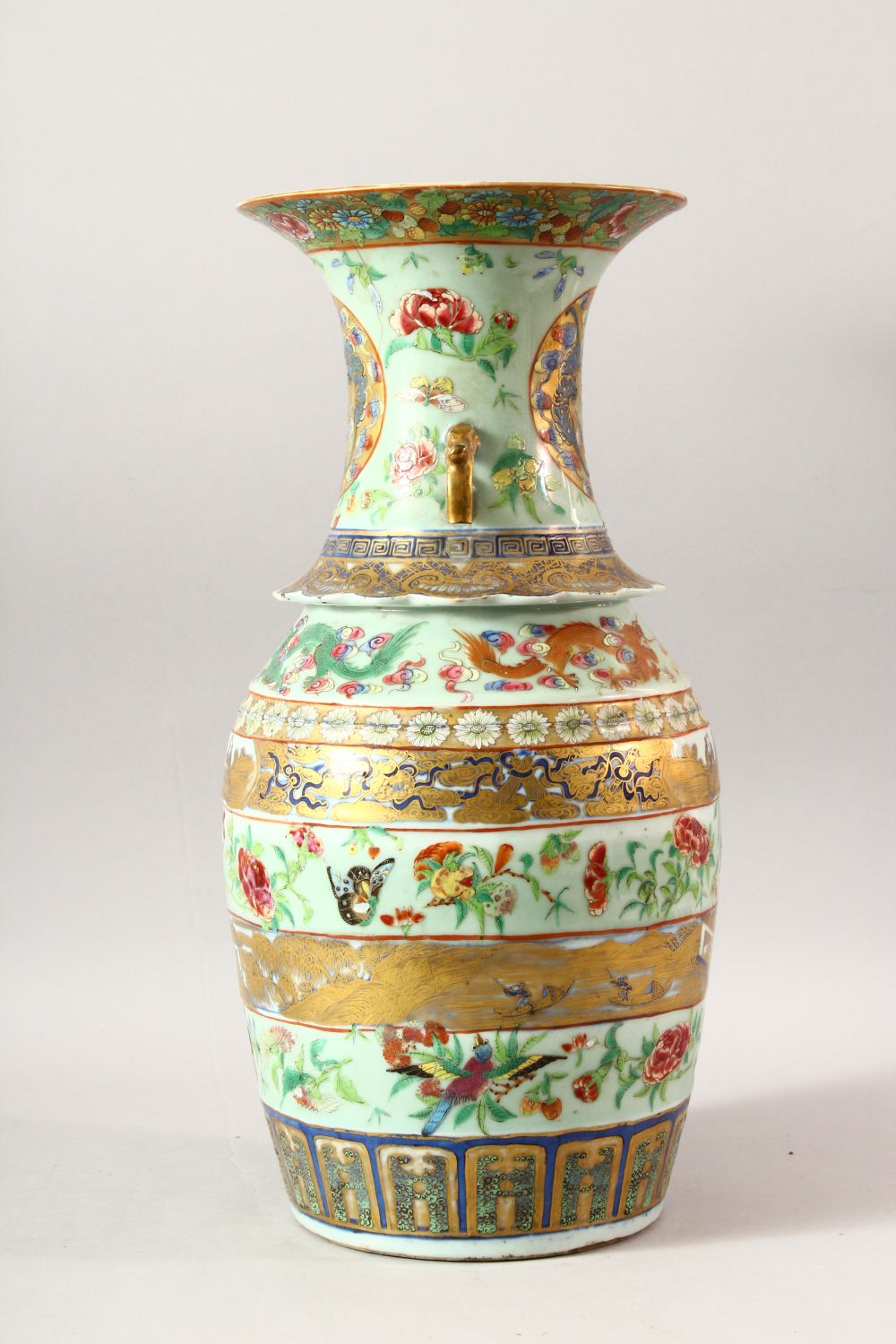 A LARGE CHINESE TWIN HANDLE CELADON GROUND ENAMELLED VASE AND STAND, the body painted with various - Image 4 of 8