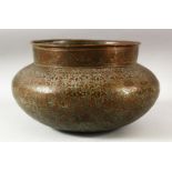 A LARGE 19TH CENTURY INDO PERSIAN TINNED COPPER BOWL, with engraved and chased decoration, 34cm