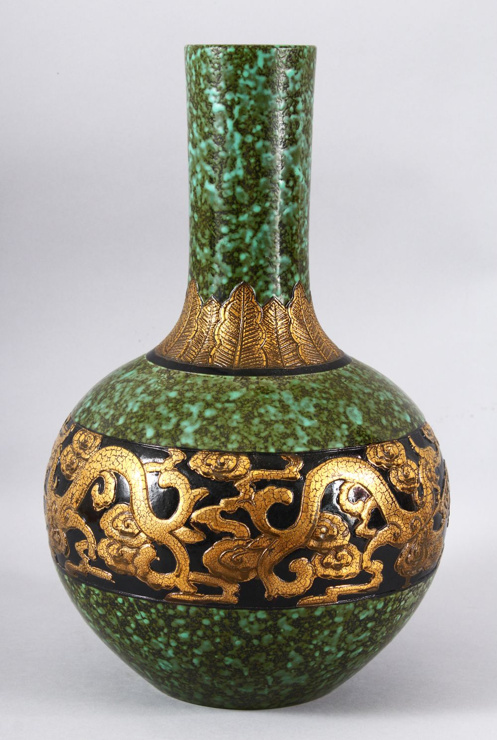 A LARGE CHINESE CELADON GROUND BALUSTER VASE, with unusual glaze, the body with a band of crackle