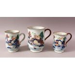 THREE 18TH CENTURY CHINESE IMARI PORCELAIN TANKARDS - each decorated in a similar style depicting