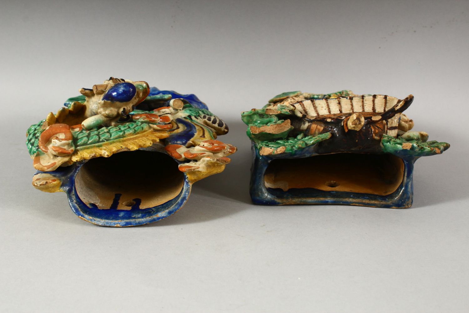 TWO CHINESE POLYCHROME POTTERY WALL POCKETS, carved with a shrine and flora with ducks / birds, 20cm - Image 6 of 7