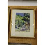 Clement Cowles "Tropical Garden with Path" watercolour, signed.