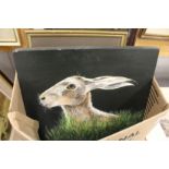 A collection of paintings and prints including an engraved map and an oil of a hare.